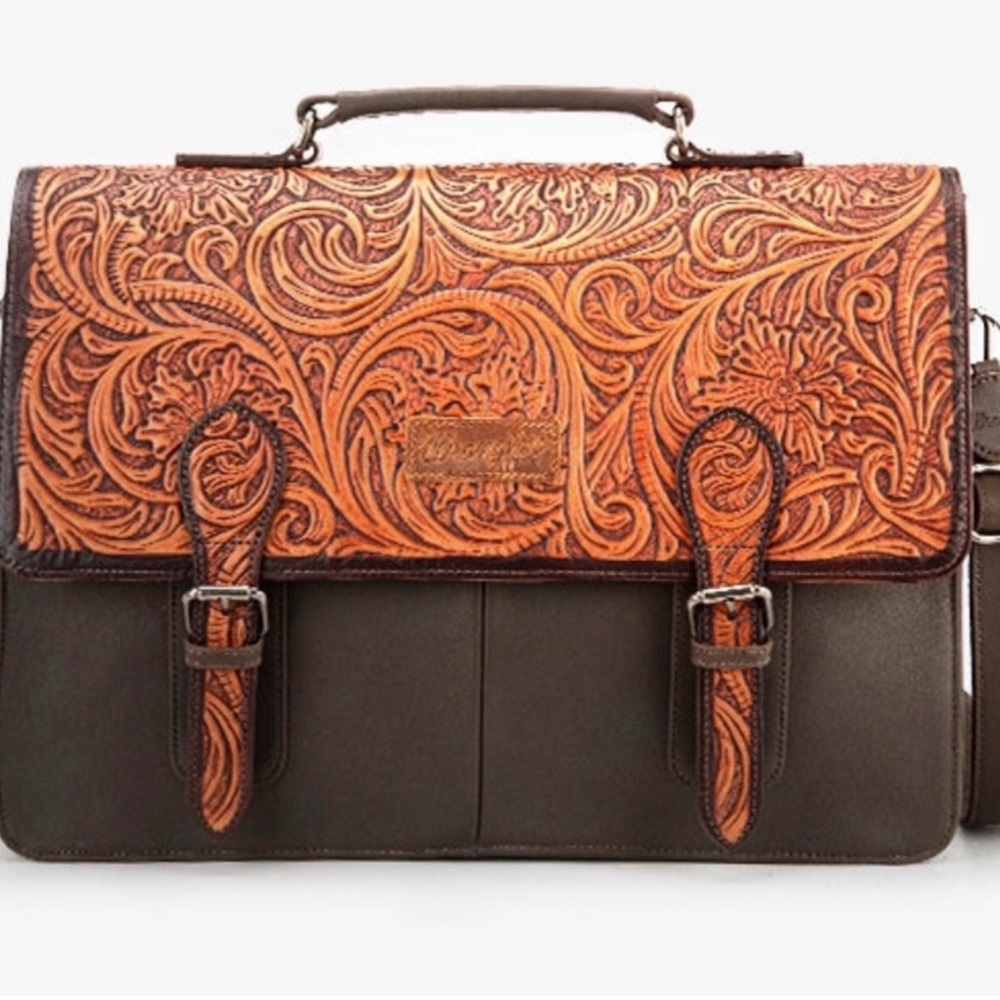 Wrangler Genuine Leather & Handtooled Briefcase Messenger Bag NWT - Picture 3 of 13